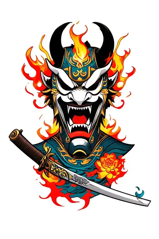 Burning Mengu Mask Of A Samurai Demon And A Katana