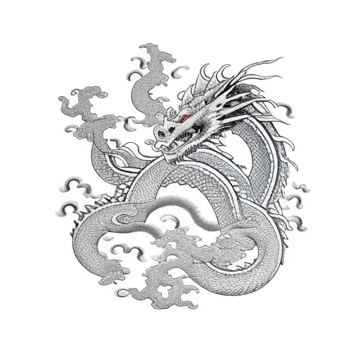 Dragon With Blossom And Waves