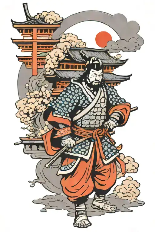 Japanese Temple With Samurai Warrior Shadow Walking