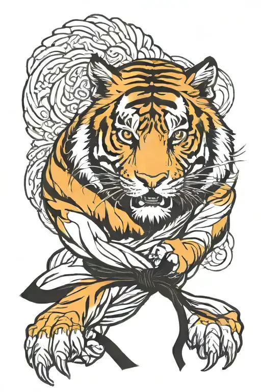 Karate Black Belt Wrapped With Tiger Head And Shadows In The Background