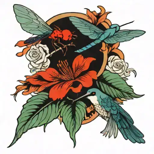 A Dragonfly And Cardinal And Hummingbird Perched