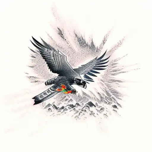 A Falcon Soaring Over A Mountain Peak With Flames Engulfing The Background