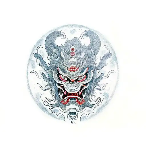An Oni Mask With Intricate Patterns And A Coiling Japanese Dragon