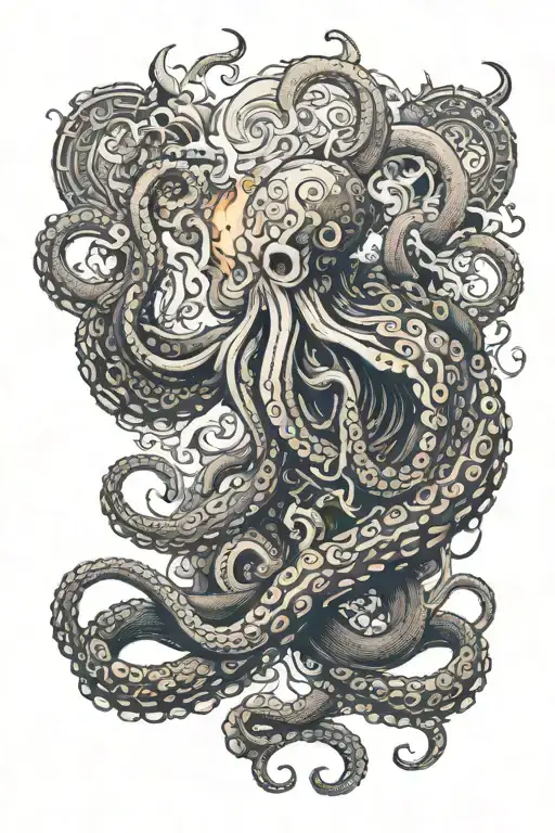 Octopus Doing Jiu Jitsu With A Burning Pirate Ship In The Background