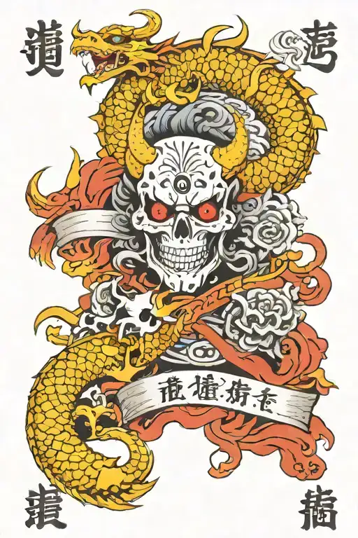 Latin Phrase 'Memento Mori' With Oni And Dragon