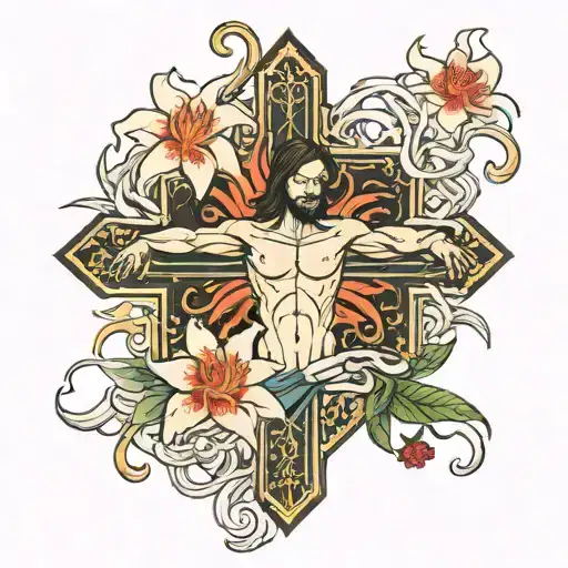 Spider Lilly Flower And Jesus On The Cross Intertwined