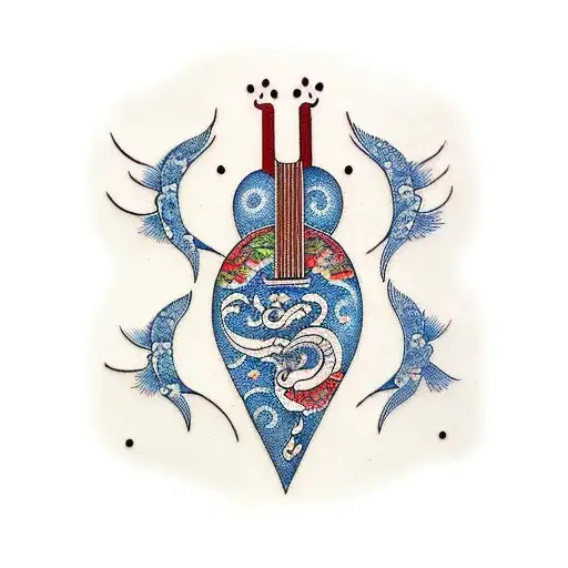 A Traditional-style Tattoo Of A Guitar With Musical Notes Forming The Shape Of Birds