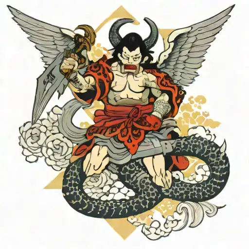 Demon With Wings Holding Sword Surounded By Angels