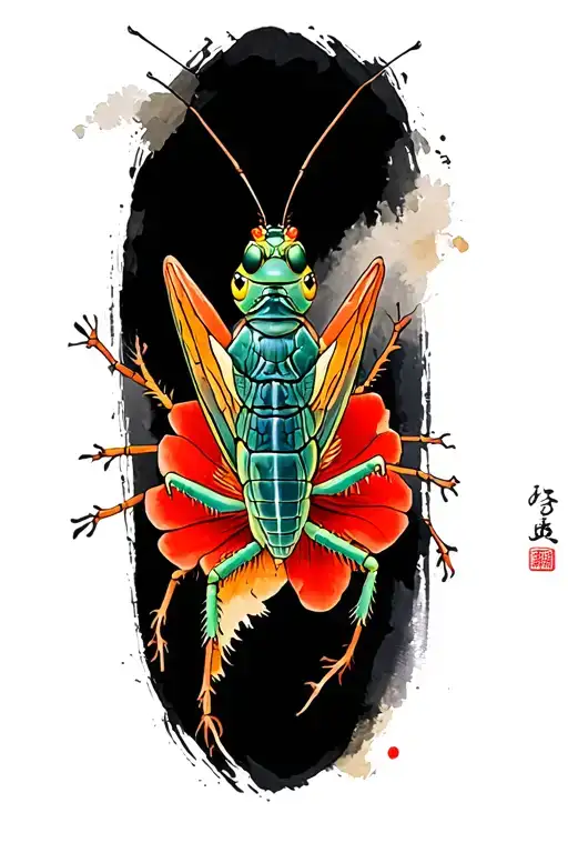 Zen Brush Stroke Grasshopper Perched