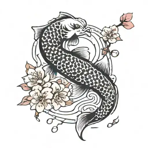 Koi Fish Yin Yang Cherry Blossom Petals Falling