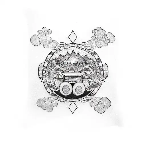 A Blackwork Tattoo Of A Dj Booth On A Beach At Sunset