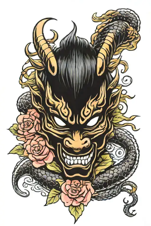 Japan Mask Samurai Warior Peach Flowers Dragon Breathing Fire