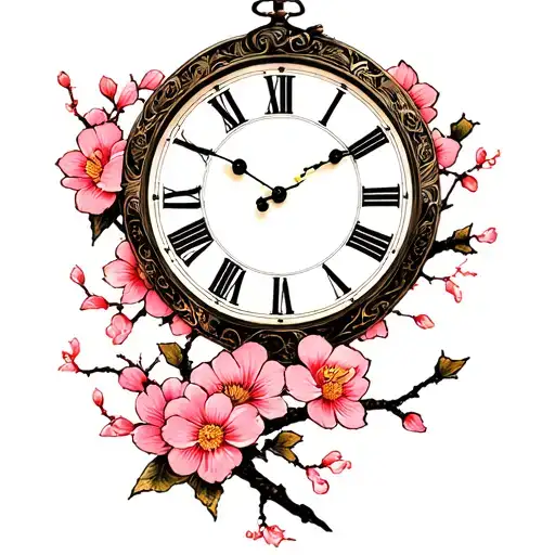 Clock Round Sakura Flowers