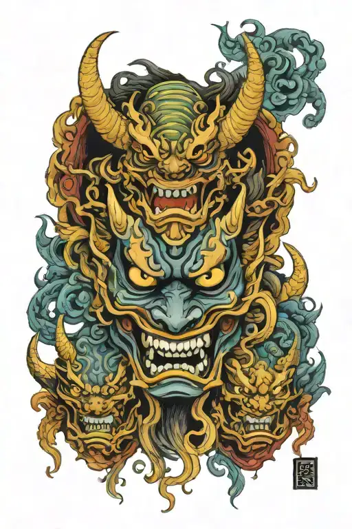 Three Hannya Masks Connected By Dragon Wrapped