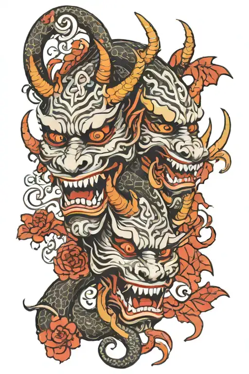 Two Hannya Masks Connected By Dragon Wrapped