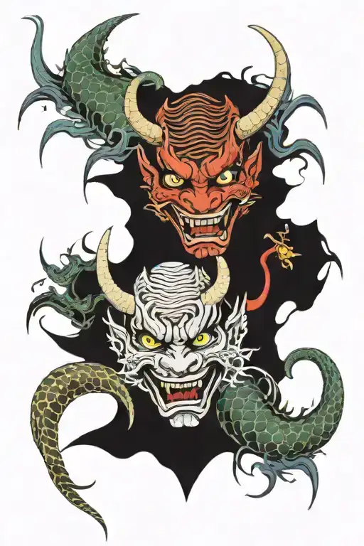 Two Hannya Masks Connected By Dragon Wrapped