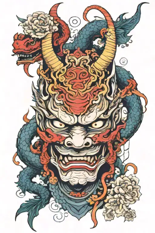 Two Hannya Mask Connected By A Dragon And Puzzle Pieces