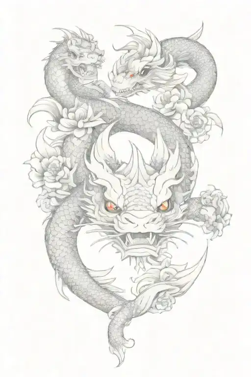 Japanese Style Dragon With A Lot Fish Breaking In The Middle And Flowers