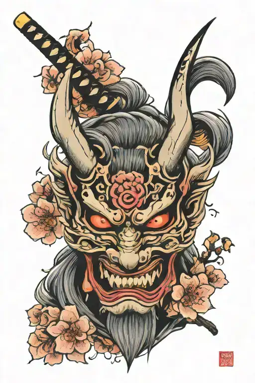 Oni Mask With Katana And Sakura Blossom