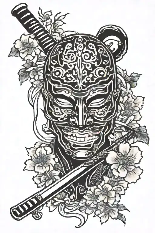 Mask With Katana And Sakura Blossom