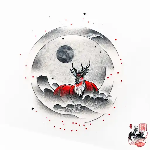 Red Moon And Deer Shadow In City