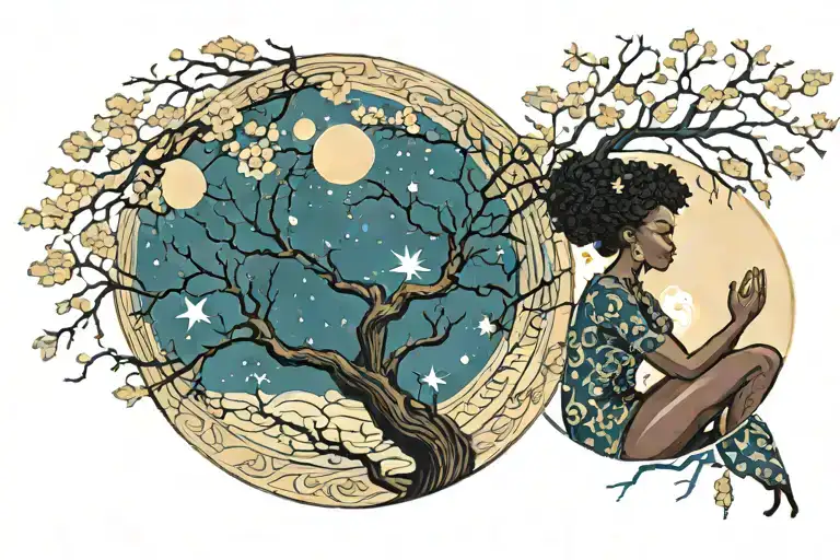 Kintsugi Tree Tattoo As An African American Woman With Big Moon And Celestial Stars In A Circle