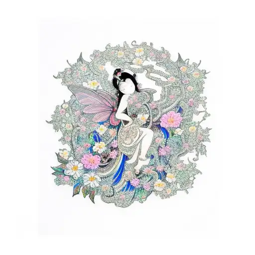 A Intricate Wood Carving Of A Fairy Surrounded By Blooming Flowers
