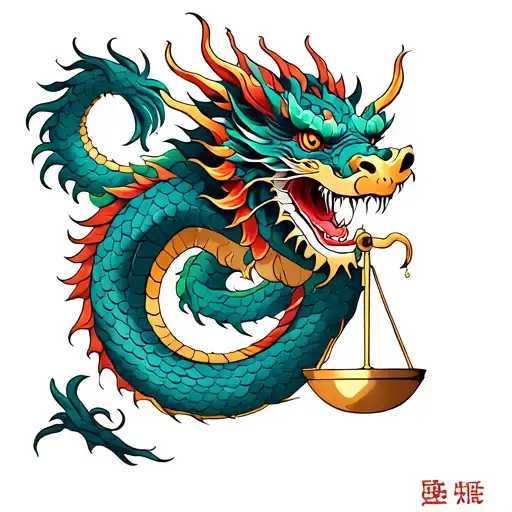 Chinese Dragon Wrapped Around Libra Scales