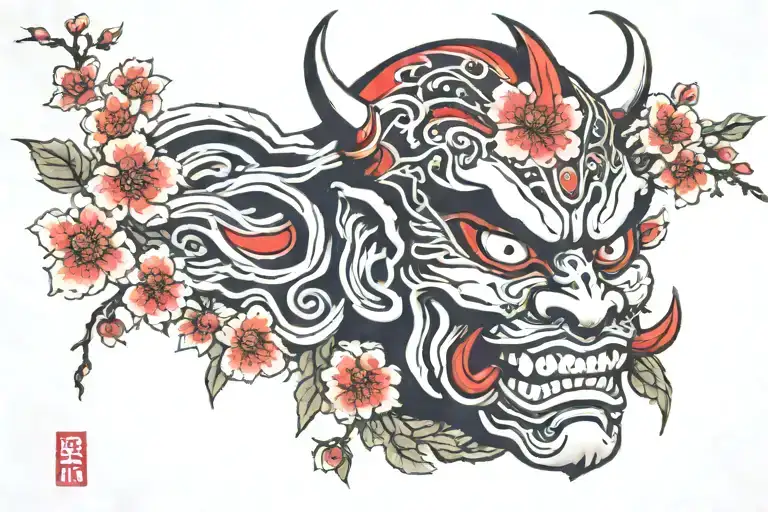 Oni Mask An Sakura Tree