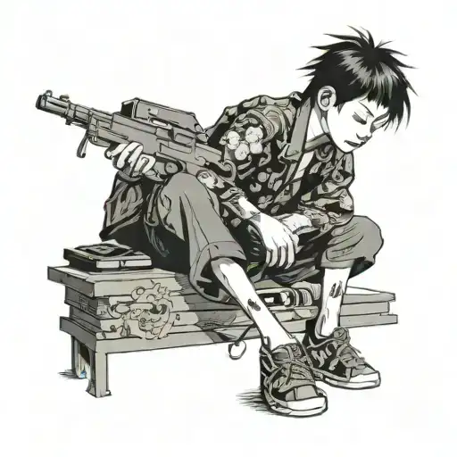 Young Boy Kissing Some Shoes With A Gun In His Hand