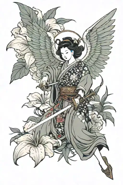 Lily Flower And Guardian Angel With A Sword