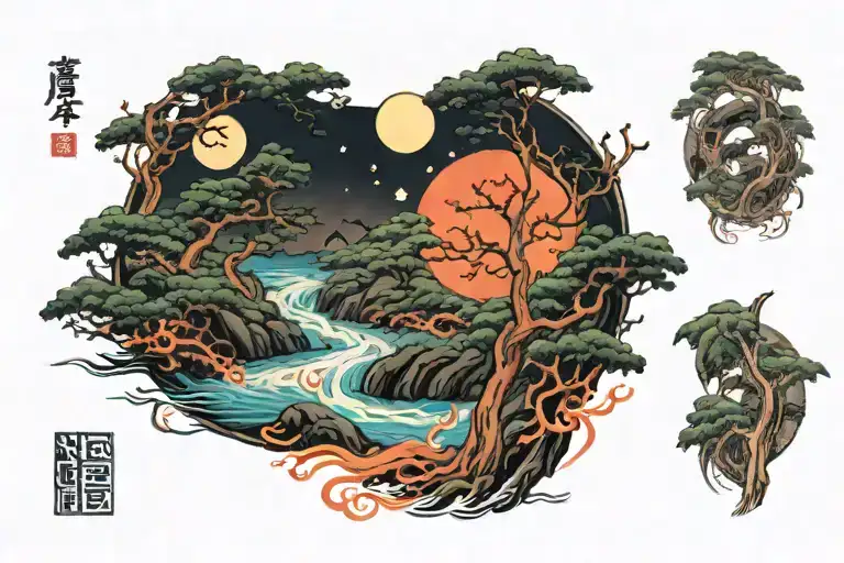 Japanese Forest River Covered In Amaterasu Flames On The Night Of The Sharingan Moon