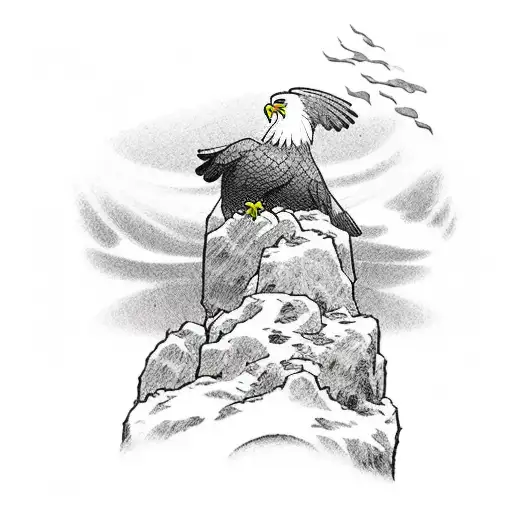 A Man Pushing Boulder Up A Mountain Hill Where An Eagle Is Waiting For Him