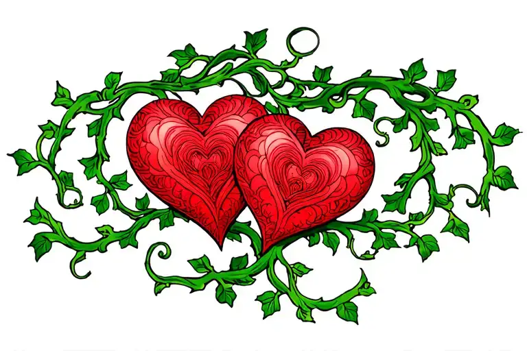 Two Separate Red Hearts Connected With Green Vine Going