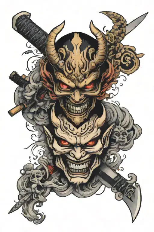 The Word Angel Surrounded By An Oni Mask And A Katana