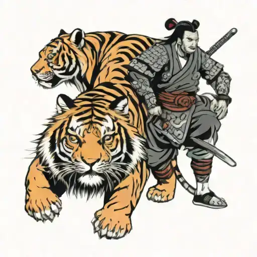 A Samurai Warrior Beside A Tiger