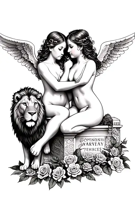 Tattoo Of 2 Lifelike Angels Intertwined Sitting By A Grave With Roses Growing And A Lion