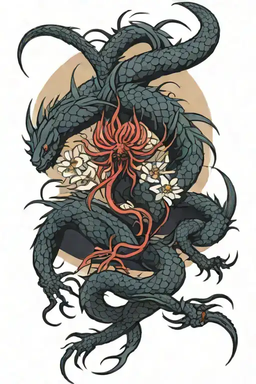 Red Spider Lily Surrounded By A Dark Dragon