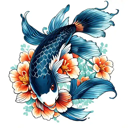 Japanese Koi Fish With Flowers