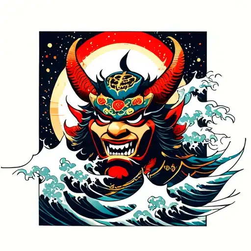 Mask Samurai Oni Surrounded By Wave