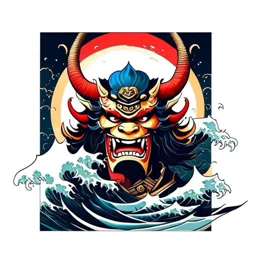 Mask Samurai Oni Surrounded By Wave