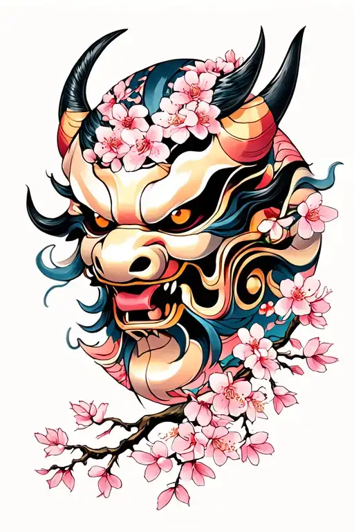 Japanese Cherry Blossom Forest With Oni Mask