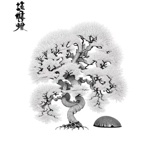 Line Art Of Oak Tree And 2 Normal Size And One Small Size Boletus