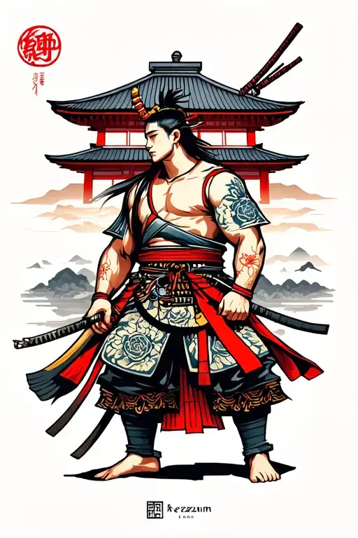 Japanese Warrior And Temple On Leg