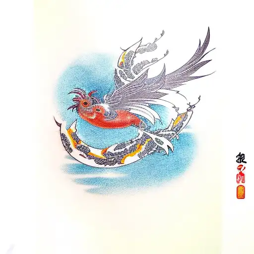 Phoenix Bird Acompannied By Koi Fish