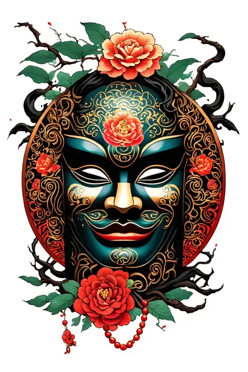 Japanese Mask Entangled With A Rosary And Tree From Below