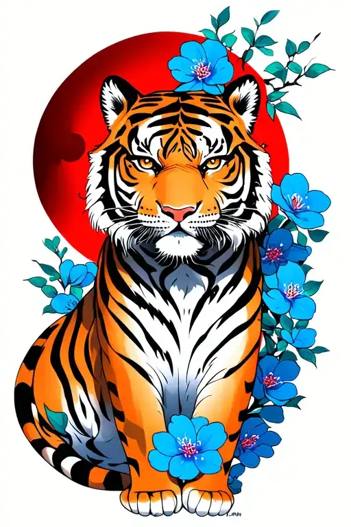 Tiger With Blood Moon And Blue Cherry Blossoms