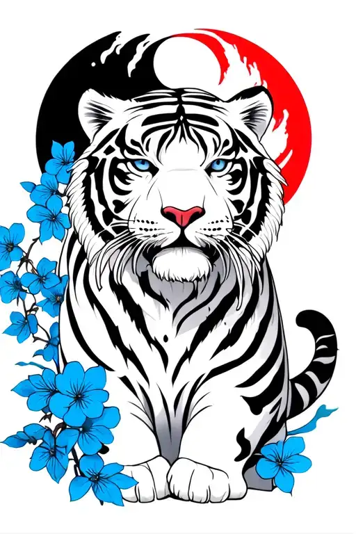 Black And White Tiger With Blood Moon And Blue Cherry Blossoms