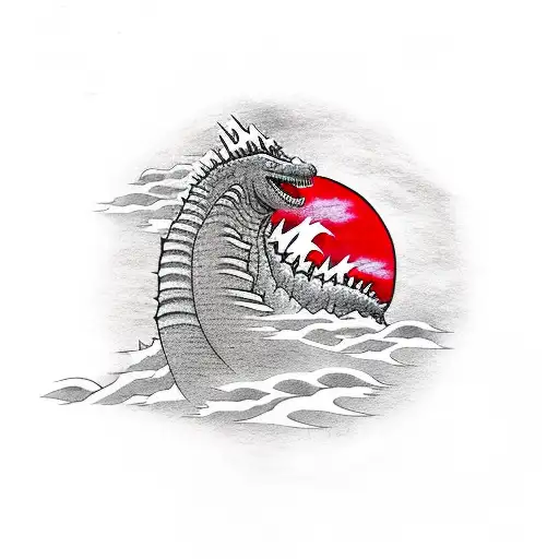 Godzilla With A Red Sun Behind Him And Waves In Front
