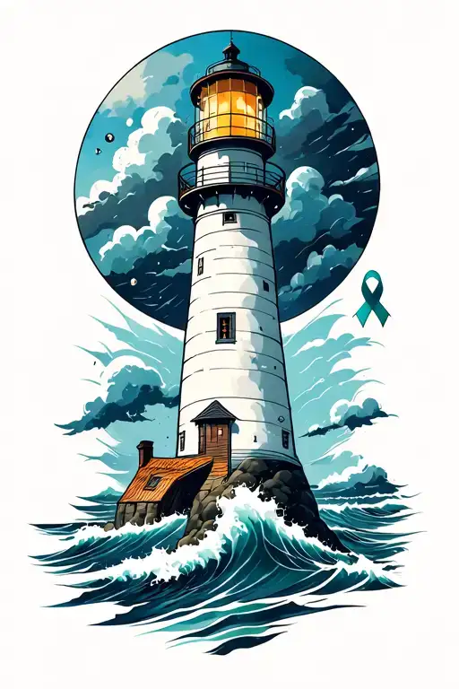 Lighthouse In The Storm With A Ovarian Cancer Awareness Ribbon The Lighthouse